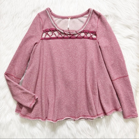 Free People Criss Cross Magenta Pink Striped Pullover Long Sleeve Sweatshirt Top - Picture 8 of 10